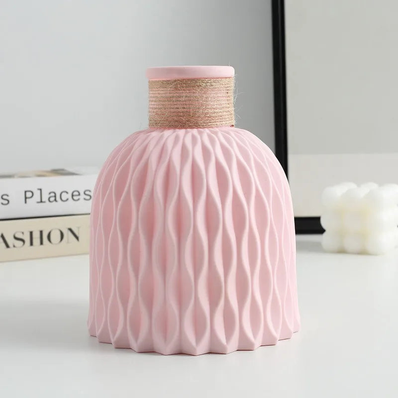 Pink Color Scandinavian Water Ripple Plastic Vase With Hemp Rope