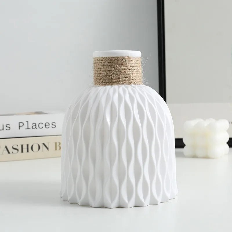 white Color Scandinavian Water Ripple Plastic Vase With Hemp Rope
